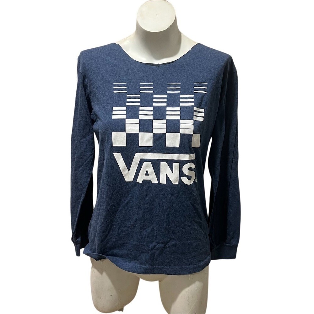 Vans Long Sleeve T-Shirt Unisex Size L Blue Checkerboard Logo Graphic